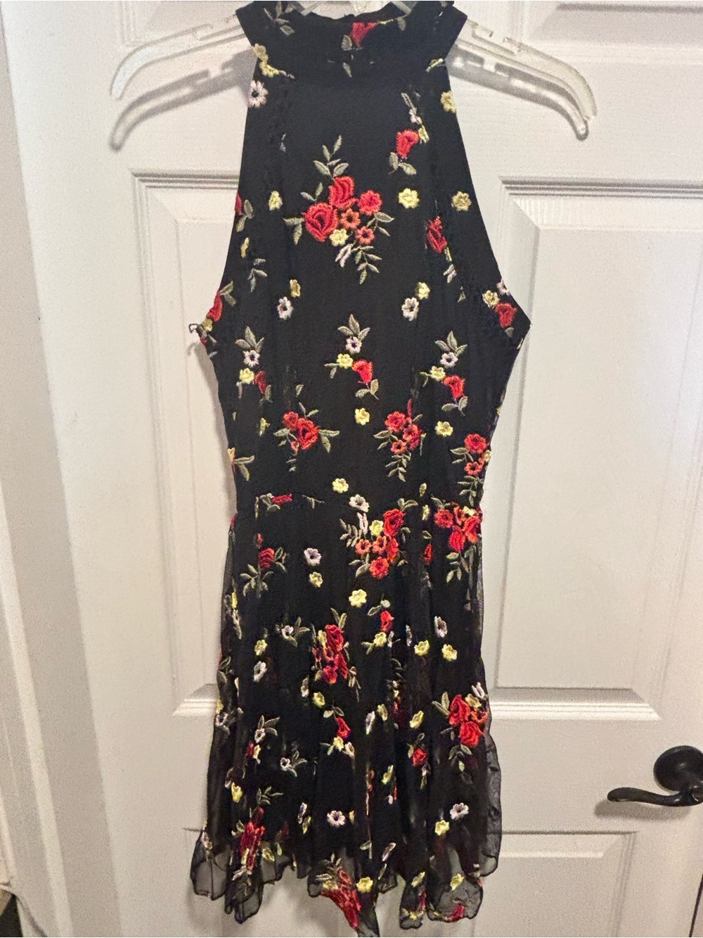 Ultra Pink Black Floral Halter Mini Dress with Red & Yellow Embroidery NWT